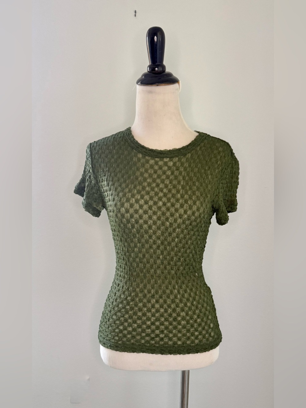 Frame Denim Olive Green Mesh Textured Short Sleeve Tee